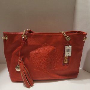 Carlos Santana Womens Red Embossed Faux Leather Gold Chain Large Tote Bag